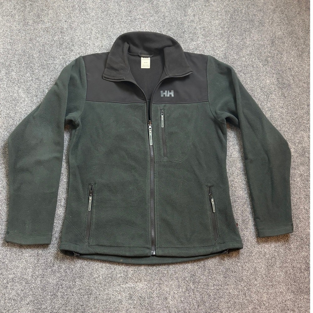 Helly Hansen Mens Full Zip Fleece Jacket Green Black Mock Neck Size Medium